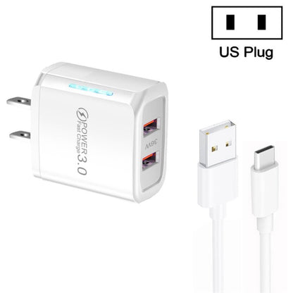 36W Dual Port QC3.0 USB Charger with 3A USB to Type - C Data Cable, US Plug, US Plug + USB to Type - C Cable - ORIWHIZ