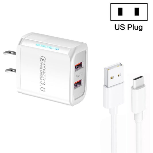 36W Dual Port QC3.0 USB Charger with 3A USB to Type - C Data Cable, US Plug, US Plug + USB to Type - C Cable - ORIWHIZ