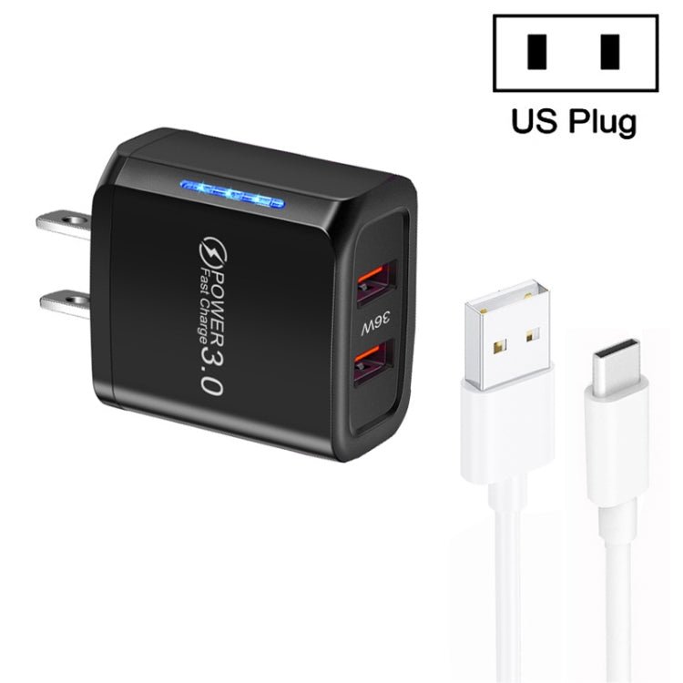 36W Dual Port QC3.0 USB Charger with 3A USB to Type - C Data Cable, US Plug, US Plug + USB to Type - C Cable - ORIWHIZ