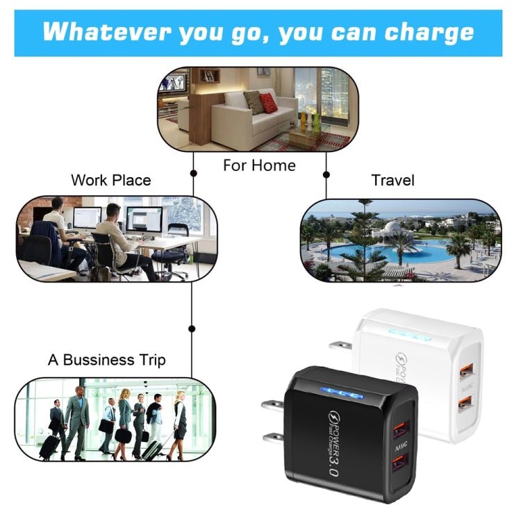 36W Dual Port QC3.0 USB Charger with 3A USB to Type - C Data Cable, US Plug, US Plug + USB to Type - C Cable - ORIWHIZ