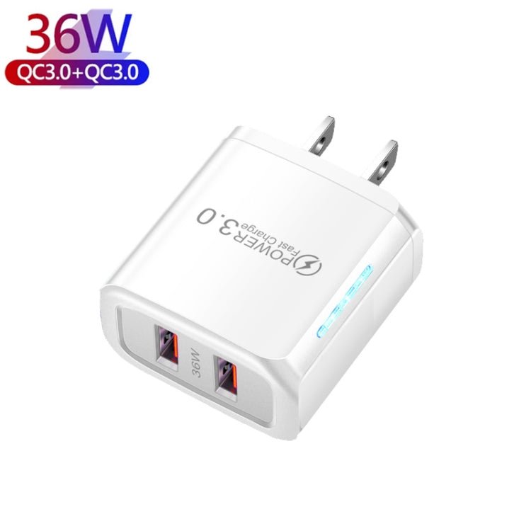 36W Dual Port QC3.0 USB Charger with 3A USB to Type - C Data Cable, US Plug, US Plug + USB to Type - C Cable - ORIWHIZ