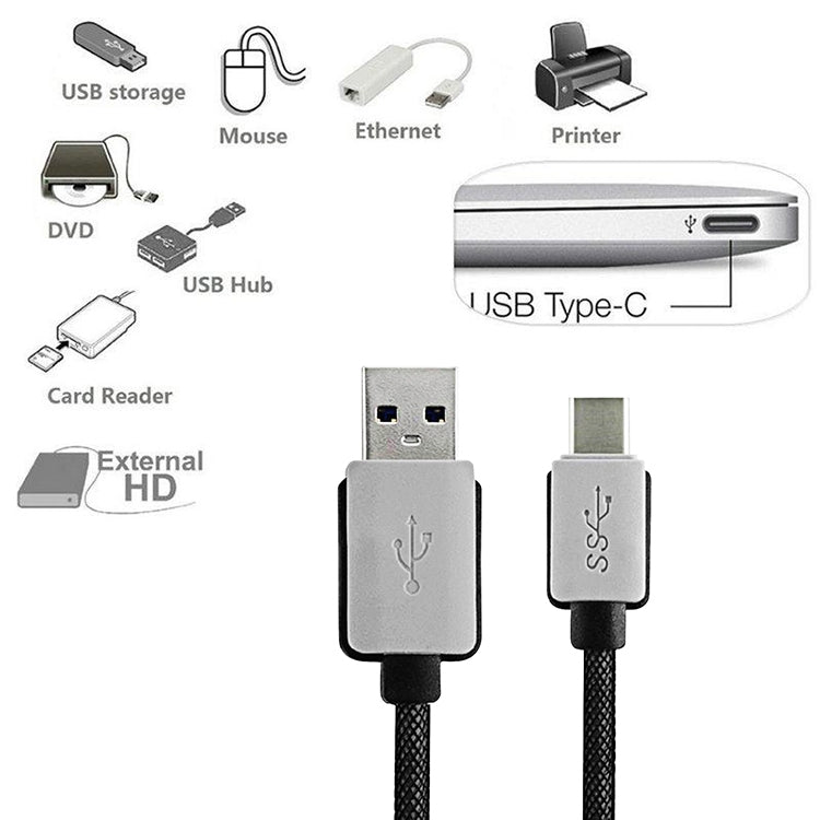 3m Woven Style 2A USB - C / Type - C 3.1 Male to USB 3.0 Male Data / Charger Cable, 3m - ORIWHIZ