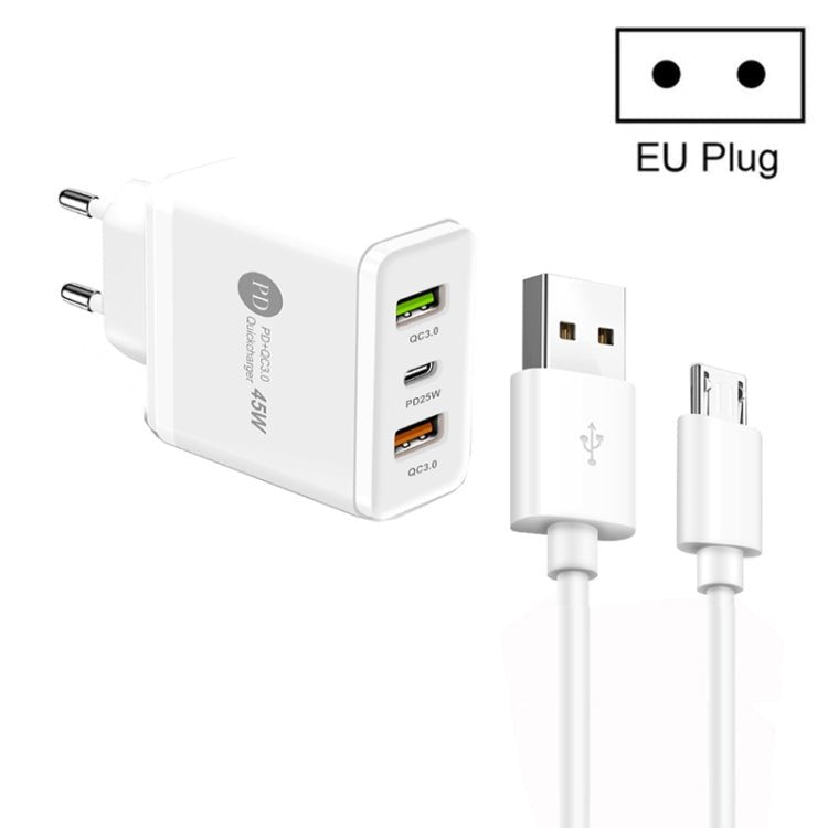 45W PD25W + 2 x QC3.0 USB Multi Port Charger with USB to Micro USB Cable, EU Plug, EU Plug + USB to Micro USB Cable - ORIWHIZ