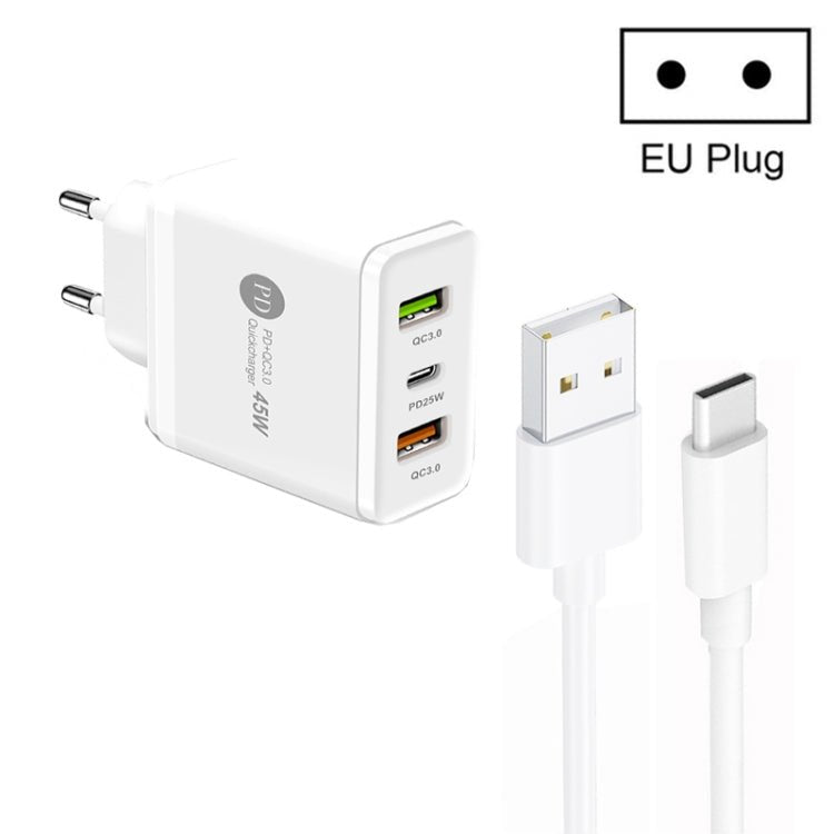45W PD25W + 2 x QC3.0 USB Multi Port Charger with USB to Type - C Cable, EU Plug, EU Plug + USB to Type - C Cable - ORIWHIZ