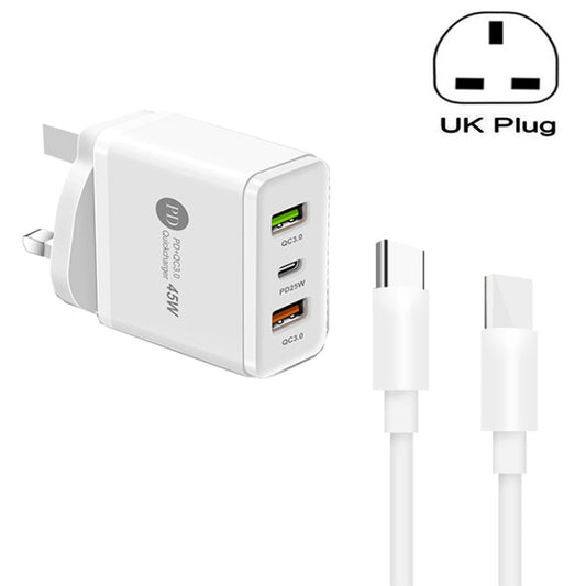45W PD3.0 + 2 x QC3.0 USB Multi Port Charger with Type - C to Type - C Cable, UK Plug, UK Plug + Type - C to Type - C Cable - ORIWHIZ