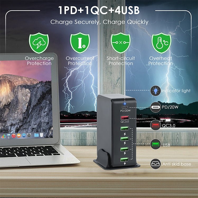 6 in 1 65W PD USB - C / Type - C + QC 3.0 USB + 4 USB Multi - port Travel Charger,, US Plug, EU Plug, UK Plug, AU Plug - ORIWHIZ