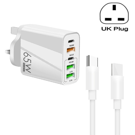 65W Dual PD Type - C + 3 x USB Multi Port Charger with 3A Type - C to Type - C Data Cable, UK Plug, UK Plug + Type - C to Type - C Cable - ORIWHIZ