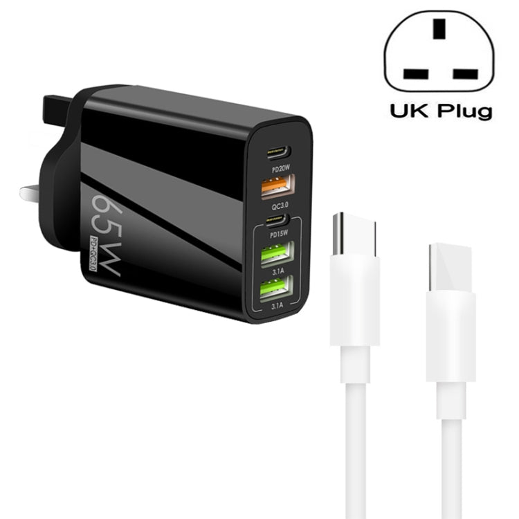 65W Dual PD Type - C + 3 x USB Multi Port Charger with 3A Type - C to Type - C Data Cable, UK Plug, UK Plug + Type - C to Type - C Cable - ORIWHIZ