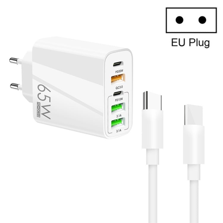 65W Dual PD Type - C + 3 x USB Multi Port Charger with 3A Type - C to Type - C Data Cable, US Plug, EU Plug + Type - C to Type - C Cable - ORIWHIZ