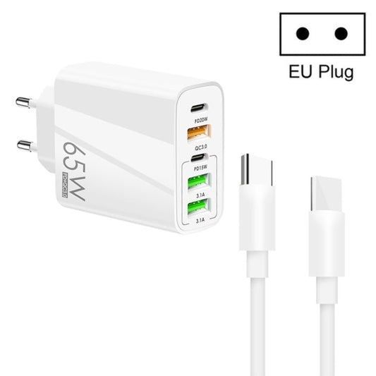 65W Dual PD Type - C + 3 x USB Multi Port Charger with 3A Type - C to Type - C Data Cable, US Plug, EU Plug + Type - C to Type - C Cable - ORIWHIZ