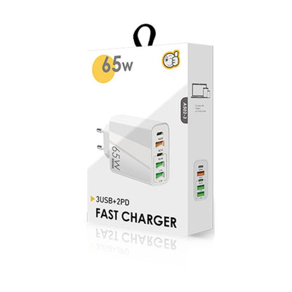 65W Dual PD Type - C + 3 x USB Multi Port Charger with 3A Type - C to Type - C Data Cable, US Plug, EU Plug + Type - C to Type - C Cable - ORIWHIZ