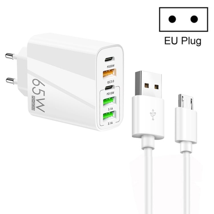 65W Dual PD Type - C + 3 x USB Multi Port Charger with 3A USB to Micro USB Data Cable, EU Plug, EU Plug + USB to Micro USB Cable - ORIWHIZ