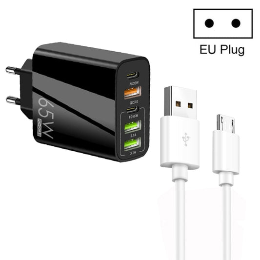 65W Dual PD Type - C + 3 x USB Multi Port Charger with 3A USB to Micro USB Data Cable, EU Plug, EU Plug + USB to Micro USB Cable - ORIWHIZ