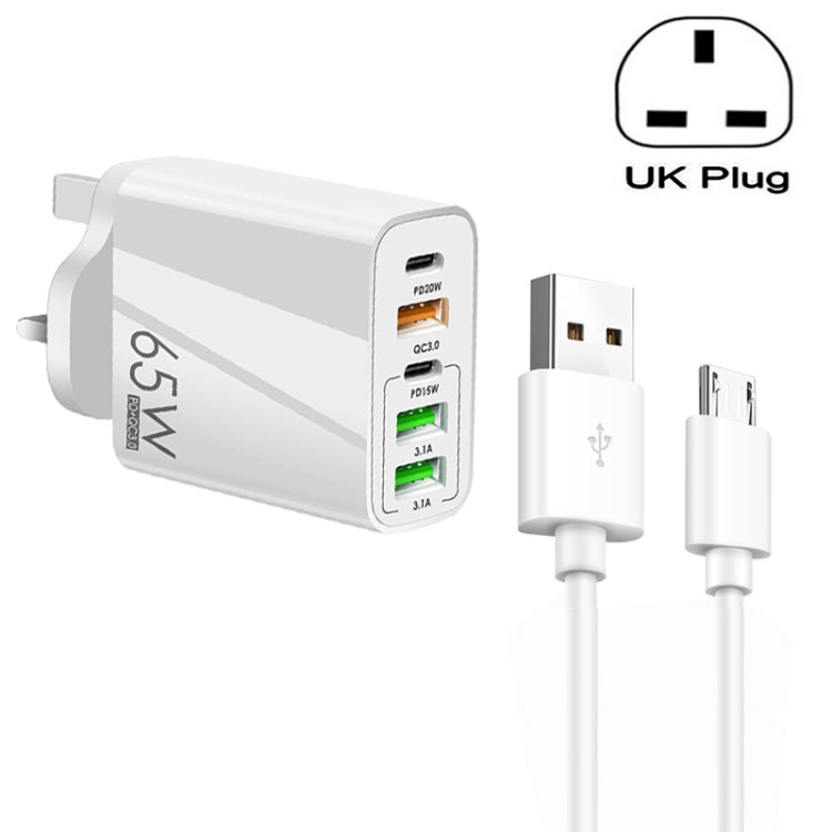 65W Dual PD Type - C + 3 x USB Multi Port Charger with 3A USB to Micro USB Data Cable, UK Plug, UK Plug + USB to Micro USB Cable - ORIWHIZ