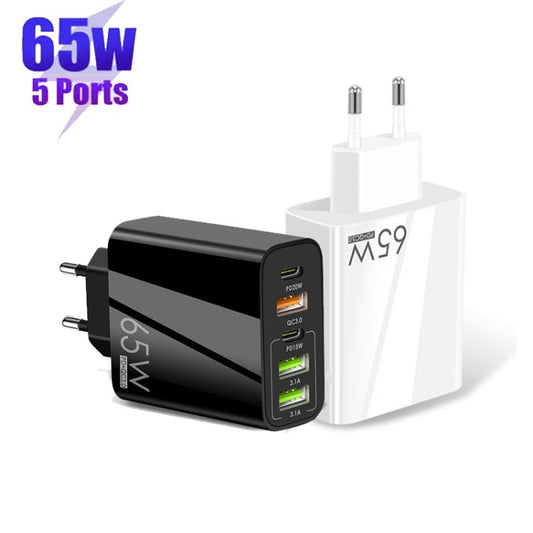 65W Dual PD Type - C + 3 x USB Multi Port Charger with 3A USB to Type - C Data Cable, EU Plug, EU Plug + USB to Type - C Cable - ORIWHIZ