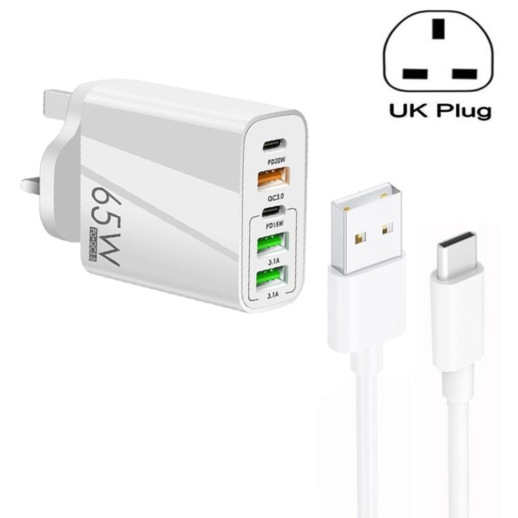 65W Dual PD Type - C + 3 x USB Multi Port Charger with 3A USB to Type - C Data Cable, UK Plug, UK Plug + USB to Type - C Cable - ORIWHIZ