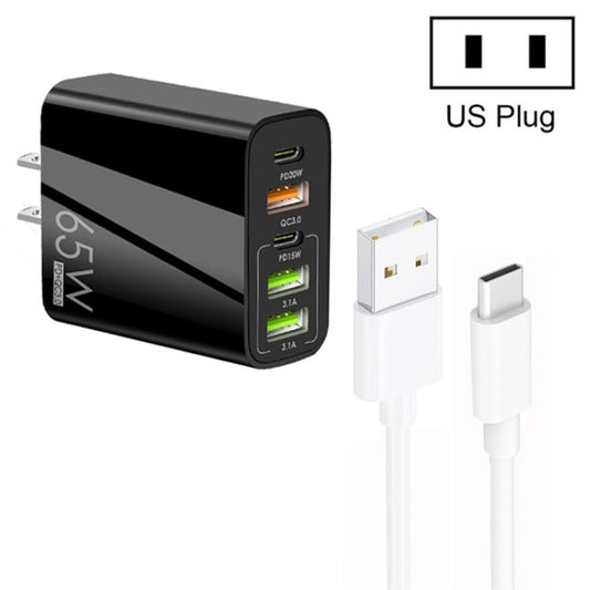 65W Dual PD Type - C + 3 x USB Multi Port Charger with 3A USB to Type - C Data Cable, US Plug, US Plug + USB to Type - C Cable - ORIWHIZ