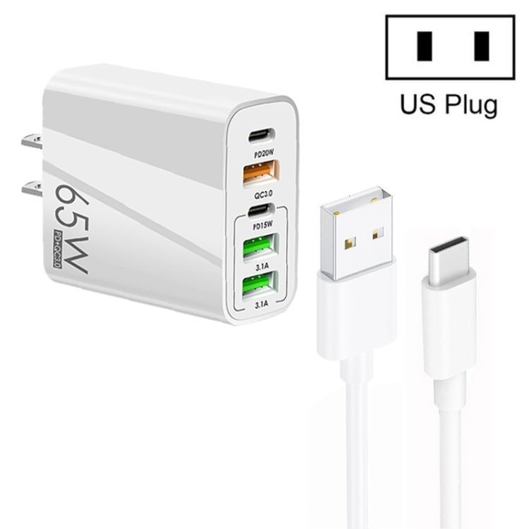 65W Dual PD Type - C + 3 x USB Multi Port Charger with 3A USB to Type - C Data Cable, US Plug, US Plug + USB to Type - C Cable - ORIWHIZ
