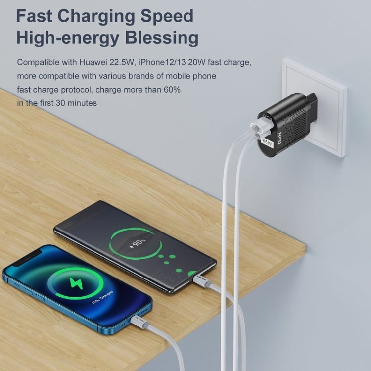 65W GaN Mobile Phone Charger PD Fast Charge Computer Adapter, Black EU Plug, Black UK Plug, Black US Plug, Black AU Plug, Black KR Plug, White EU Plug, White UK Plug, White US Plug, White AU Plug, White KR Plug - ORIWHIZ