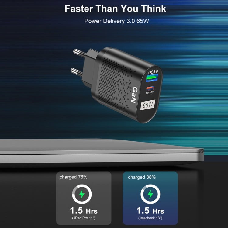 65W GaN Mobile Phone Charger PD Fast Charge Computer Adapter, Black EU Plug, Black UK Plug, Black US Plug, Black AU Plug, Black KR Plug, White EU Plug, White UK Plug, White US Plug, White AU Plug, White KR Plug - ORIWHIZ