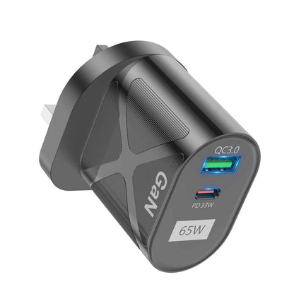 65W GAN PD + QC3.0 Fast Charger Phone Notebook Computer Universal Charging Head, EU Plug Black, UK Plug Black, US Plug Black, AU Plug Black, EU Plug White, UK Plug White, US Plug White, AU Plug White - ORIWHIZ
