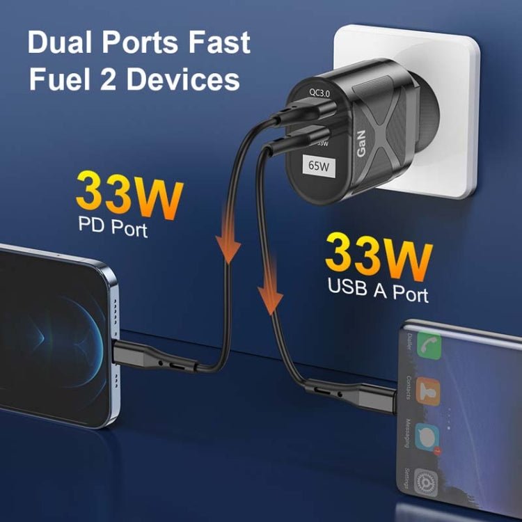 65W GAN PD + QC3.0 Fast Charger Phone Notebook Computer Universal Charging Head, EU Plug Black, UK Plug Black, US Plug Black, AU Plug Black, EU Plug White, UK Plug White, US Plug White, AU Plug White - ORIWHIZ