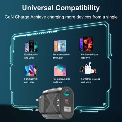 65W GAN PD + QC3.0 Fast Charger Phone Notebook Computer Universal Charging Head, EU Plug Black, UK Plug Black, US Plug Black, AU Plug Black, EU Plug White, UK Plug White, US Plug White, AU Plug White - ORIWHIZ