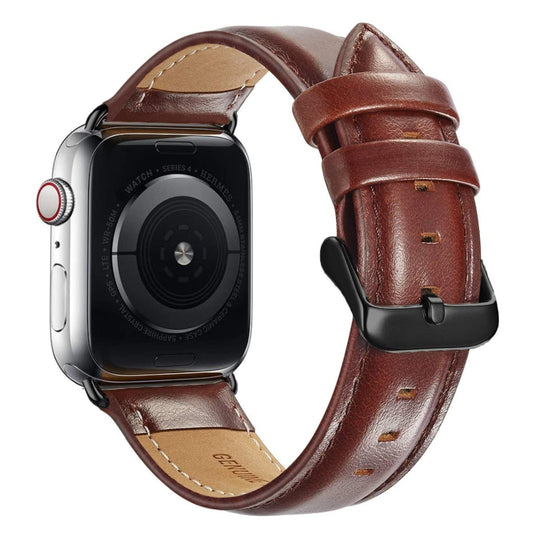 Black Buckle Leather Watch Band For Apple Watch Series 10 42mm / 9&8&7 41mm / SE 3&SE 2&6&SE&5&4 40mm / 3&2&1 38mm, For Apple Watch Series 8&7 41mm / SE 2&6&SE&5&4 40mm / 3&2&1 38mm