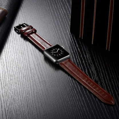 Black Buckle Leather Watch Band For Apple Watch Series 10 42mm / 9&8&7 41mm / SE 3&SE 2&6&SE&5&4 40mm / 3&2&1 38mm, For Apple Watch Series 8&7 41mm / SE 2&6&SE&5&4 40mm / 3&2&1 38mm