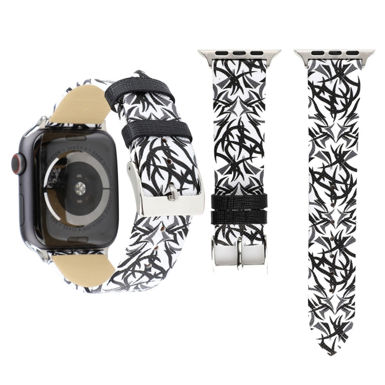Thorns Printing Genuine Leather Watch Band for Apple Watch Series 10 42mm / 9&8&7 41mm / SE 3&SE 2&6&SE&5&4 40mm / 3&2&1 38mm, 40mm