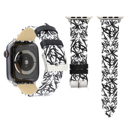 Thorns Printing Genuine Leather Watch Band for Apple Watch Ultra 49mm&Watch Ultra 2 49mm / Series 10 46mm / 9&8&7 45mm / SE 3&SE 2&6&SE&5&4 44mm / 3&2&1 42mm, 44mm