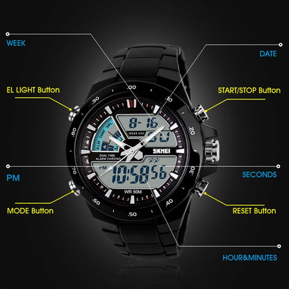 Montre numérique double étanche SKMEI 1016 multifonctionnelle pour homme, sports de plein air, noctilucente