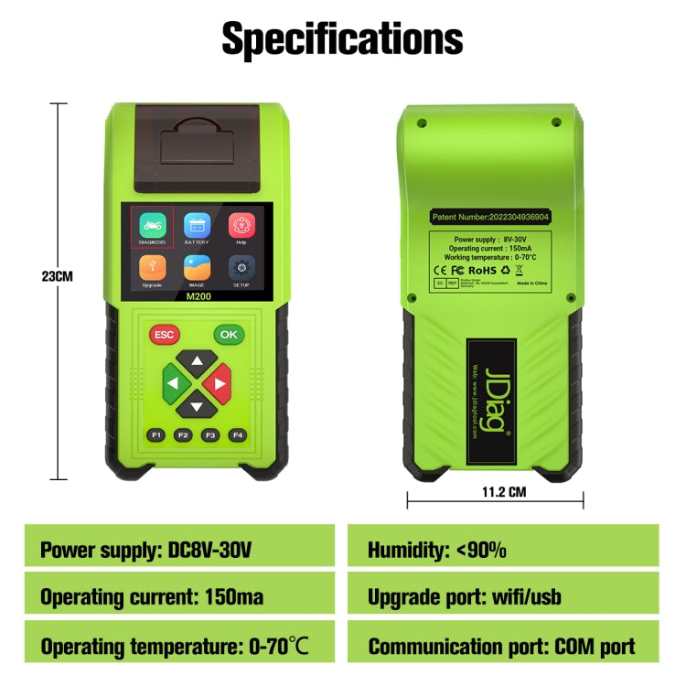 JDiag M200 8V-30V OBD Motorcycles Diagnostic Instrument with Data Printing, Full Version, M200 Full Version