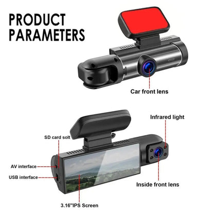 Enregistreur de conduite avant et intérieur à double objectif 1080P HD Vision nocturne de 3,16 pouces, Double objectif avant et intérieur