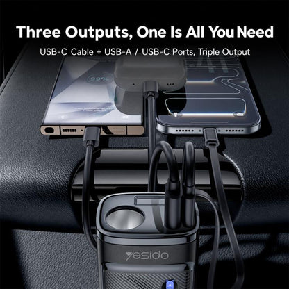 Yesido Y76 Cigarette Lighter Car Charger USB-A & Type-C Fast Charging Adapter with 60cm Type-C Retractable Cable