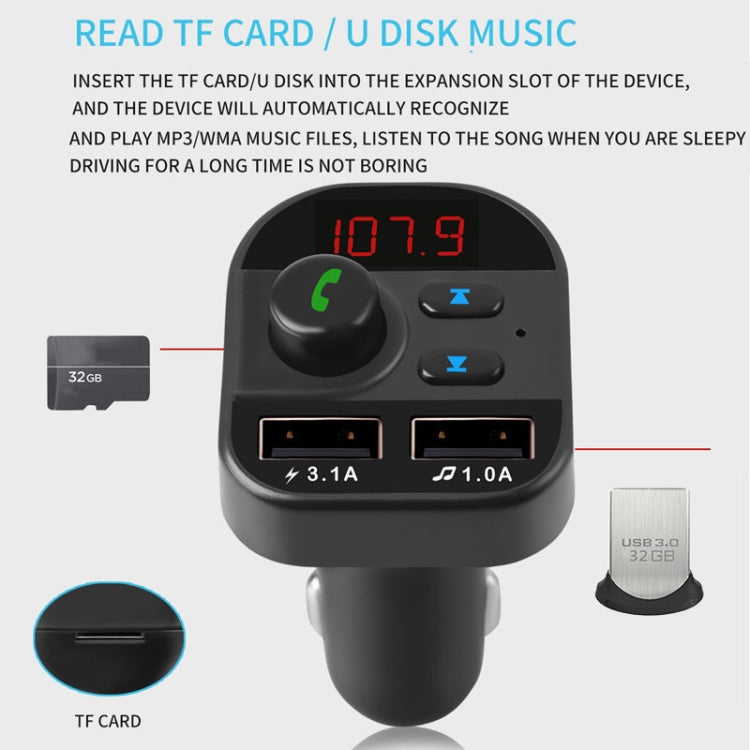 805E Kit mains libres Bluetooth transmetteur FM voiture avec double chargeur USB, lecteur de musique MP3, supporte les appels mains libres et la lecture de musique sur carte TF / disque U, 805E