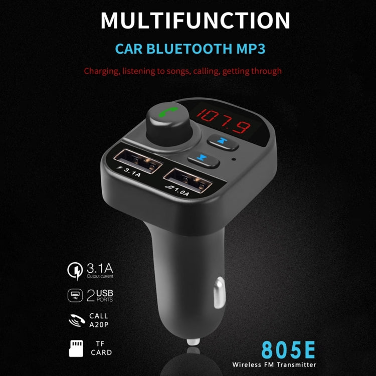 805E Kit mains libres Bluetooth transmetteur FM voiture avec double chargeur USB, lecteur de musique MP3, supporte les appels mains libres et la lecture de musique sur carte TF / disque U, 805E
