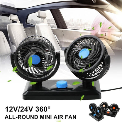 HUXIN HX-T303 6.5W 360 Degree Adjustable Rotation Two Head Low Noise Mini Electric Car Fan, DC12V, HX-T303