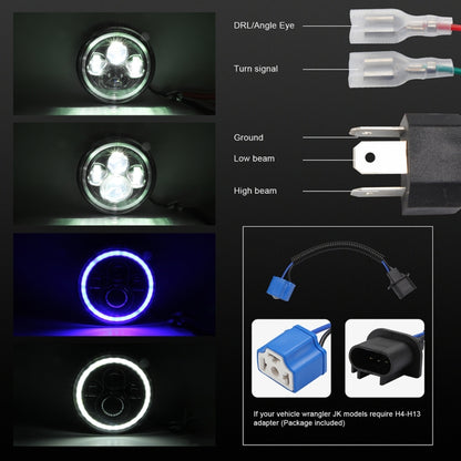 7 inch H4 / H13 DC 9V-30V 3000LM 6000K 30W IP67 4LED Lamp Beads Car Round Shape LED Headlight Lamps for Jeep Wrangler / Harley, with Angel Eye, Round Shape