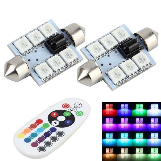2 PCS Colorful 36MM Bicuspid Remote Control Car Dome Lamp LED Reading Light with 6 LED Lights, Car Dome Lamp
