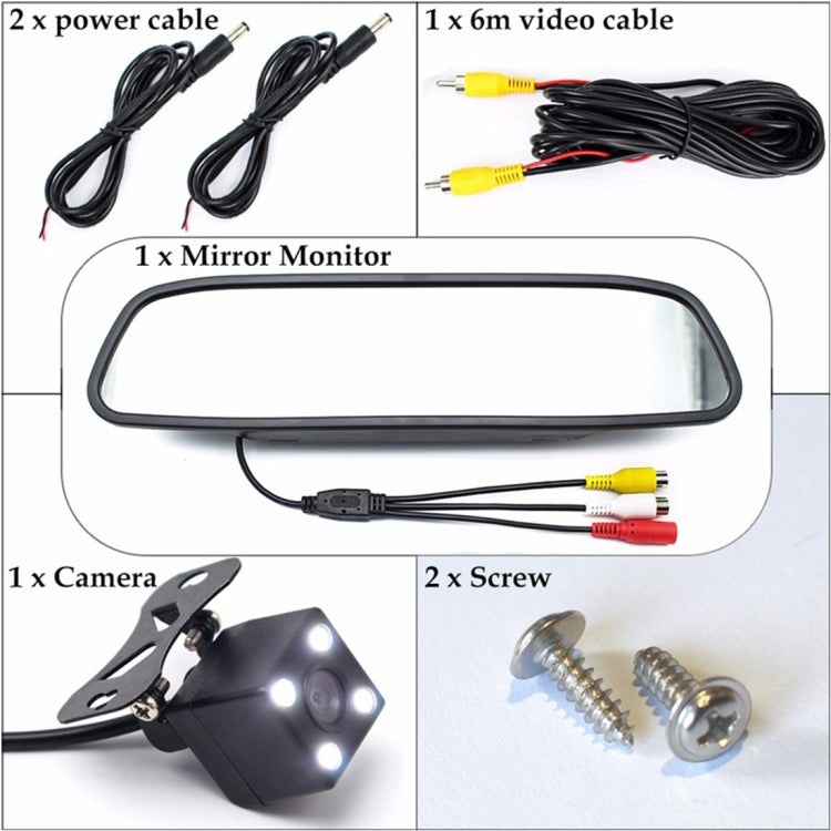 Moniteur vidéo de voiture PZ603 HD stationnement automatique LED vision nocturne caméra de recul CCD avec rétroviseur de voiture 4,3 pouces, avec rétroviseur de voiture 4,3 pouces