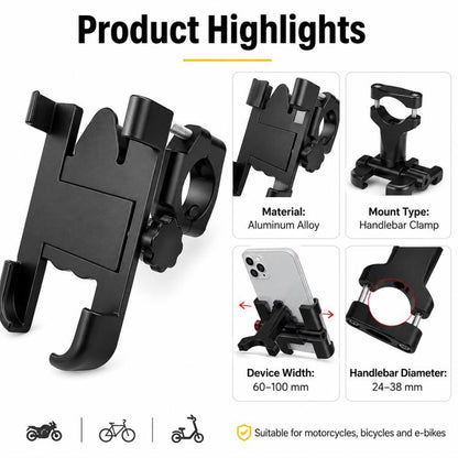 Motorcycle Handlebar Aluminum Alloy Phone Bracket, Suitable for 60-100mm Device, Handlebar Bracket for 60-100mm