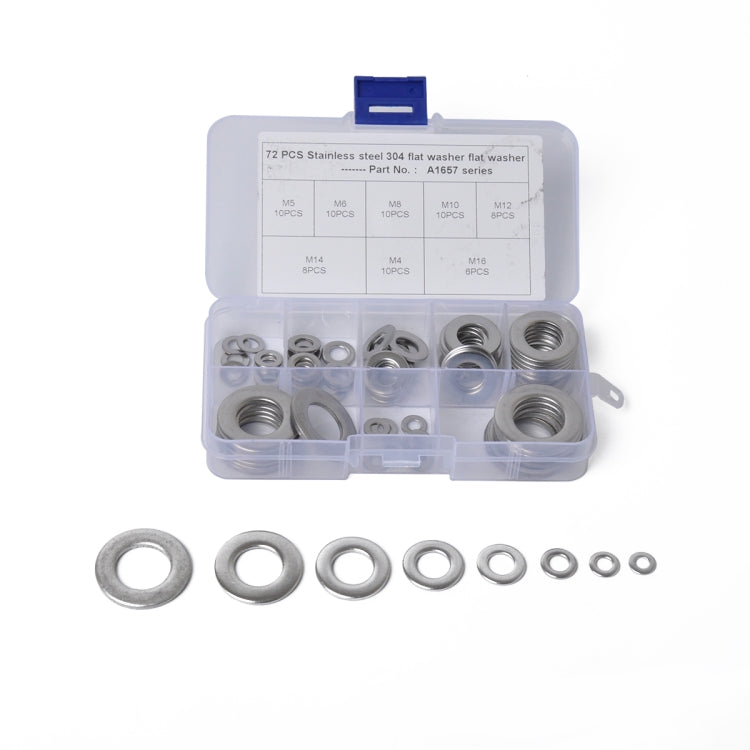72 PCS Round Shape Stainless Steel Flat Washer Assorted Kit M4-M16 for Car / Boat / Home Appliance, 72 PCS