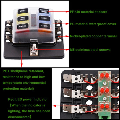 1 in 6 Out Fuse Box PC Terminal Block Fuse Holder Kits with LED Warning Indicator for Auto Car Truck Boat, 1 in 6 Out (PC Terminal Block)