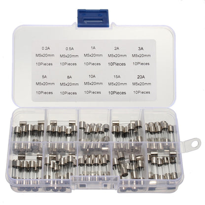 100 PCS 5 x 20mm Fuse Assorted Kits Glass Fuses Tube 0.2A 0.5A 1A 2A 3A 5A 8A 10A 15A 20A, 100pcs 5 x 20mm