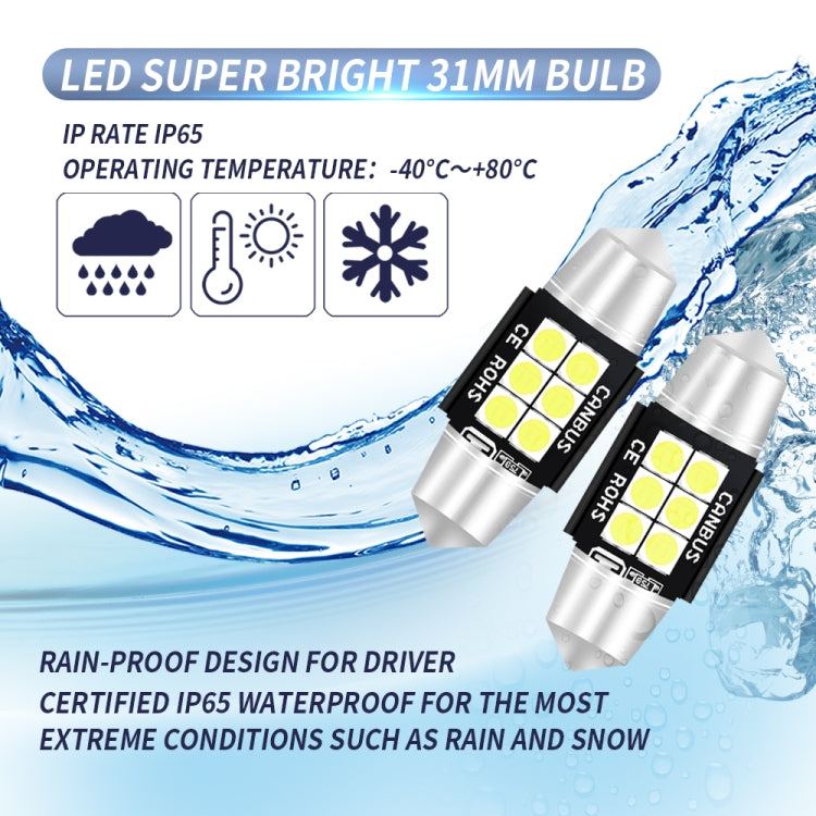 2 PCS 31mm DC12V-24V 3W 6000K 660LM 6LEDs SMD-3030 Car Reading Lamp / License Plate Light, 31mm (3W)