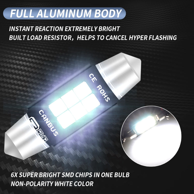 2 PCS 42mm DC12V-24V 3W 6000K 660LM 6LEDs SMD-3030 Car Reading Lamp / License Plate Light, 42mm