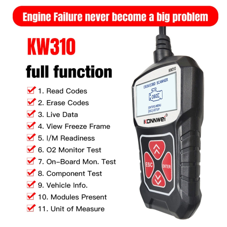 KONNWEI KW310 OBD Car Fault Detector Code Reader ELM327 OBD2 Scanner Diagnostic Tool, KW310