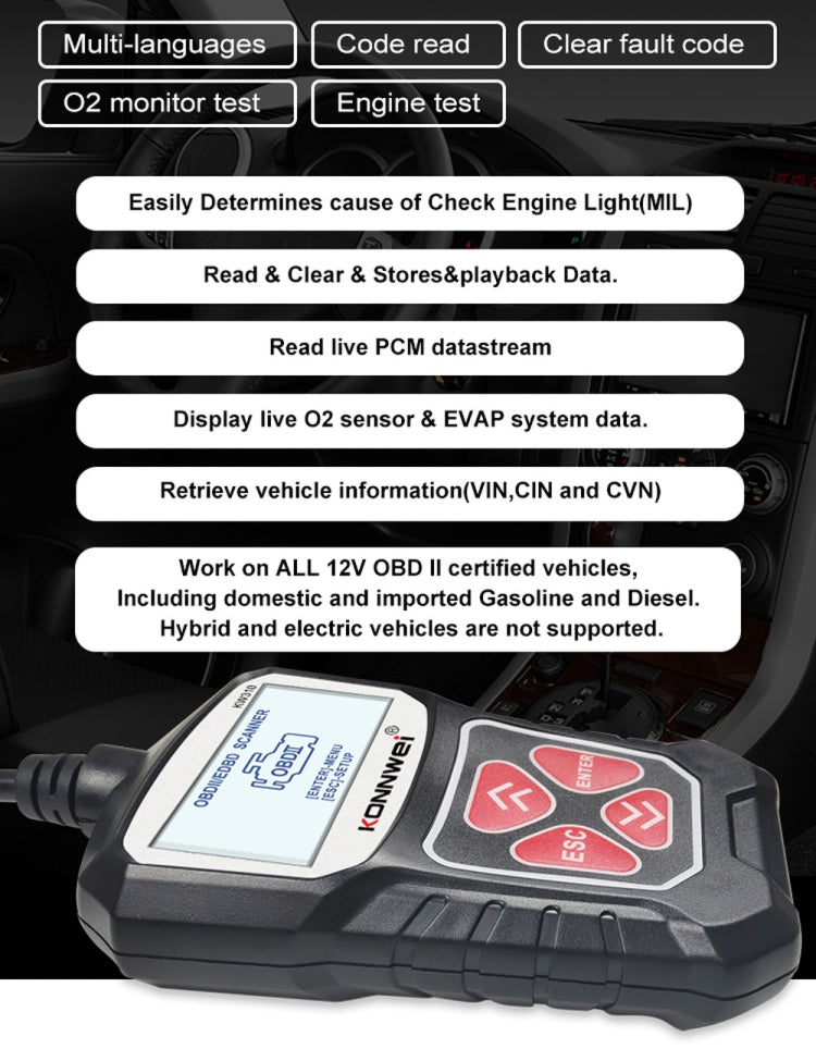 KONNWEI KW310 OBD Car Fault Detector Code Reader ELM327 OBD2 Scanner Diagnostic Tool, KW310
