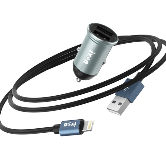 Chargeur de voiture mini double USB IVON CC37 15W 3.1A + câble de données à charge rapide USB vers 8 broches 1m, 8 broches